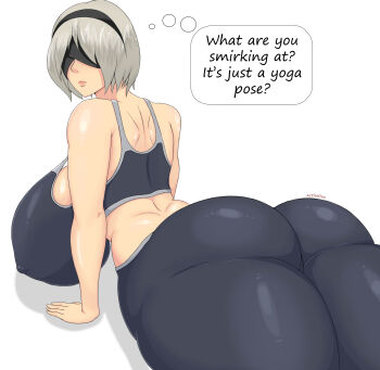 2b_(nier:automata) absurdres artistdex ass blindfold breasts exercising expressionless highres huge_ass huge_breasts large_breasts mature_female medium_hair nier:automata nier_(series) pants silver_hair simple_background training yoga yoga_pants