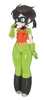 1girl batrobin_k belt black_hair blue_eyes blush bodysuit boots breasts closed_mouth commentary domino_mask eye_mask full_body gloves green_gloves hand_up highres knee_boots mask original robin_(batrobin_k) short_hair simple_background skin_tight small_breasts solo standing superhero_costume sweatdrop symbol-only_commentary twintails utility_belt white_background