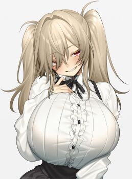 1girl absurdres black_dress black_nails blonde_hair blouse blush breasts dress highres huge_breasts hz_(666v) long_hair looking_at_viewer original red_eyes shirt simple_background smile solo twintails upper_body white_background white_shirt