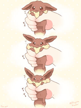 1other :3 blush brown_eyes closed_mouth commentary_request disembodied_hand eevee gen_1_pokemon highres holding holding_pokemon mugita_konomi nintendo pokemon pokemon_(creature) squishing yellow_background
