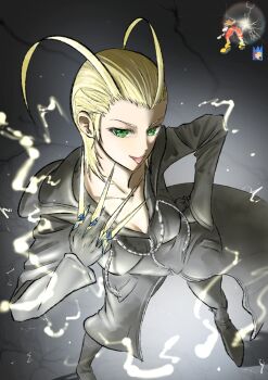 Rule 34 | 1boy, 1girl, absurdres, antenna hair, between fingers, black boots, black coat, black coat (kingdom hearts), black gloves, blonde hair, boots, breasts, brown hair, cleavage, coat, commentary request, electricity, electrokinesis, gloves, green eyes, hand on own hip, highres, holding, holding knife, holding weapon, hood, hood down, hooded coat, kingdom hearts, kingdom hearts: chain of memories, knife, knives between fingers, larxene, looking at viewer, medium breasts, red shorts, shoes, shorts, smile, sora (kingdom hearts), stubox15, tongue, tongue out, weapon, yellow shoes