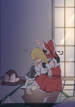 2girls black_skirt black_vest blonde_hair blush bow braid brown_hair closed_mouth commentary_request detached_sleeves flying_sweatdrops frilled_bow frilled_hair_tubes frilled_skirt frills hair_bow hair_tubes hakurei_reimu hat hat_bow heart highres indoors kirisame_marisa long_hair multiple_girls niru_(ka_k_0517) no_headwear puffy_short_sleeves puffy_sleeves red_bow red_skirt shadow short_sleeves side_braid signature single_braid sitting skirt skirt_set smile socks touhou trembling unworn_headwear vest white_bow white_socks witch_hat yuri