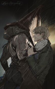 2boys absurdres apron arm_up artist_name beard_stubble black_sky blonde_hair coat commentary facial_hair gloves green_coat hands_on_another&#039;s_arm helmet highres james_sunderland long_sleeves male_focus multiple_boys nyeigneous parted_lips pyramid_head rain red_helmet silent_hill_(series) silent_hill_2 sky standing stubble upper_body white_gloves window