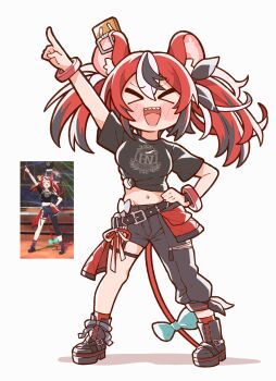 >_< 1girl animal_ear_fluff animal_ears aqua_bow arm_up belt black_belt black_boots black_hair black_pants black_shirt blush blush_stickers boots bow bracelet breasts closed_eyes costume_request full_body hair_ribbon hakos_baelz hand_on_own_hip highres hololive hololive_english hololive_idol_uniform_(color_rise) index_finger_raised jewelry kukie-nyan midriff mouse_ears mouse_girl mouse_tail mousetrap multicolored_hair navel official_alternate_costume open_mouth pants red_hair red_socks reference_inset ribbon screenshot_inset sharp_teeth shirt short_sleeves simple_background smile socks solo standing tail tail_bow tail_ornament teeth twintails upper_teeth_only virtual_youtuber white_background white_hair