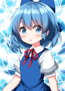 1girl :o blue_background blue_bow blue_dress blue_eyes blue_hair blush bow cirno collared_shirt commentary_request completion_time dress hair_between_eyes hair_bow highres ice ice_wings looking_at_viewer neck_ribbon open_mouth pinafore_dress red_ribbon ribbon ruu_(tksymkw) shirt short_hair short_sleeves sleeveless sleeveless_dress solo touhou upper_body white_shirt wings