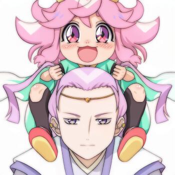 2girls :3 black_pantyhose blush bow carrying diamond-shaped_pupils diamond_(shape) ear_piercing grabbing_another&#039;s_hair grabbing_another&#039;s_twintails green_kimono hair_bow hairband highres holding_another&#039;s_hair japanese_clothes kimono long_hair long_sleeves looking_at_viewer maro_(mashin_souzouden_wataru) mashin_eiyuuden_wataru mashin_souzouden_wataru multiple_girls open_mouth pantyhose piercing piggyback pink_hair purple_eyes purple_hair red_eyes red_shoes shoes short_hair sitting sitting_on_person smile standing symbol-shaped_pupils t_jiroo_(ringofriend) tiara tsukuyomi_(mashin_souzouden_wataru) twintails upper_body white_background white_kimono wide_sleeves yellow_bow