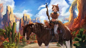 1girl absurdres animal_ears belt black_gloves blue_sky breasts brown_eyes brown_fur brown_hair brown_shirt brown_shorts cactus cloud cloudy_sky cropped_shirt day desert gloves gun hair_between_eyes highres holding holding_gun holding_weapon horse horse_ears horse_girl horse_tail horseback_riding indie_virtual_youtuber large_breasts looking_at_viewer midriff multicolored_hair navel open_mouth outdoors riding rifle shirt short_hair shorts sitting sky smile tail thighhighs tomoe_umari tomoe_umari_(1st_costume) uchilose virtual_youtuber weapon white_hair white_thighhighs