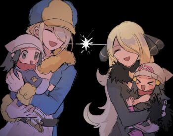 &gt;_&lt; 1boy 3girls :d akari_(pokemon) anzu_(01010611) belt black_background blonde_hair blue_jumpsuit blush_stickers brown_belt carrying chibi coat commentary_request cynthia_(pokemon) dawn_(pokemon) false_smile fur_collar fur_trim grey_eyes grey_jacket hair_ornament hair_over_one_eye hat headscarf highres jacket jumpsuit lightning_glare logo long_hair long_sleeves multiple_girls nintendo open_mouth pokemon pokemon_bdsp pokemon_legends:_arceus ponytail short_hair sidelocks simple_background smile tongue volo_(pokemon) white_headscarf white_headwear yellow_headwear