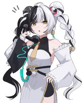 1girl 961_kuru ahoge bare_shoulders black_hair black_shorts braid braided_twintails china_dress chinese_clothes commentary_request corded_phone cowboy_shot detached_sleeves dialyn_(zenless_zone_zero) dress earrings hair_extensions hair_intakes hair_ornament hairclip highres holding holding_phone jewelry long_hair looking_at_viewer multicolored_hair necktie notice_lines open_mouth panda_hair_ornament phone ring_hair_extensions shorts simple_background solo sparkling_eyes split-color_hair twintails white_background white_dress white_hair wire yellow_eyes yellow_necktie zenless_zone_zero