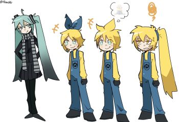 1boy 3girls :3 akita_neru aqua_eyes aqua_hair black_gloves black_jacket black_shoes black_skirt blonde_hair blue_bow bow closed_mouth cosplay despicable_me gloves gru_(despicable_me) gru_(despicable_me)_(cosplay) hair_bow hatsune_miku highres jacket kagamine_len kagamine_rin koasku long_hair minion_(despicable_me) minion_(despicable_me)_(cosplay) multiple_girls pleated_skirt scarf shoes side_ponytail skirt smile striped_clothes striped_scarf sweater twintails v-shaped_eyebrows very_long_hair vocaloid yellow_sweater