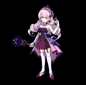 1girl black_background breasts cleavage collar dress drill_hair earrings elbow_gloves flats full_body garter_straps gloves hairband hand_in_own_hair hand_up holding holding_rod jewelry large_breasts long_hair merc_storia merc_storia_art_team official_art one_eye_closed parted_lips pink_eyes pink_hair purple_collar purple_hairband rod short_dress simple_background solo standing strapless strapless_dress tachi-e thighhighs underbust vilrozze_(merc_storia) white_gloves white_thighhighs