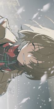 Rule 34 | 1boy, akechi gorou, brown hair, brown jacket, closed eyes, commentary request, dated, grin, hair between eyes, head tilt, highres, jacket, light particles, male focus, outdoors, persona, persona 5, persona 5 the royal, portrait, red scarf, scarf, sideways, signature, smile, snowing, solo, twitter username, winter, zeka (skzk cm)