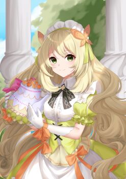 Rule 34 | 1girl, apron, black bow, black bowtie, blonde hair, blue sky, blush, bow, bowtie, breasts, butterfly hair ornament, celine (blissful tea party) (fire emblem), celine (fire emblem), closed mouth, cloud, column, commentary request, dress, ell 0314, fire emblem, fire emblem engage, fire emblem heroes, gloves, green dress, hair ornament, headdress, highres, holding, holding teapot, long hair, looking at viewer, maid, maid apron, maid headdress, nintendo, official alternate costume, outdoors, pillar, ribbon, sky, small breasts, smile, solo, teapot, tree, very long hair, white gloves, yellow dress