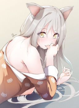 1girl :p alternate_breast_size animal_ears bare_shoulders black_hanekawa blouse breasts breasts_out cat_ears commentary_request dermar gradient_background grey_background grey_hair hair_between_eyes hanekawa_tsubasa highres long_hair looking_at_viewer lying medium_breasts monogatari_(series) nipples off_shoulder on_back open_clothes open_shirt orange_pajamas pajamas shirt solo tongue tongue_out