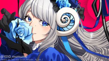 1010_mumumu 1girl black_gloves blue_eyes blue_flower blue_rose close-up commentary_request eyelashes flower gloves grey_hair highres kamen_rider kamen_rider_gavv_(series) liselle_jaldak long_hair mole red_background rose solo wide_sleeves