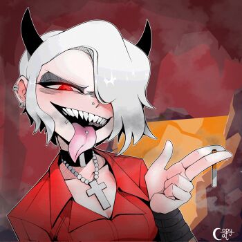 1girl arm_belt black_collar black_horns cigarette collar copycat246 cross demon demon_girl demon_horns ear_piercing evil_grin evil_smile face_piercing grin hair_over_eyes half-closed_eyes hell helltaker highres holding holding_cigarette horns mouth_piercing nose_piercing piercing red_eyes red_shirt sharp_teeth shirt short_hair smile smoking teeth tongue tongue_piercing white_hair zdrada_(helltaker)