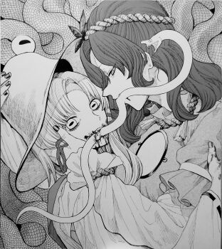 2girls absurdres animal autumn_leaves biting blood blood_drip blood_on_face blood_on_hands blood_on_mouth blood_on_teeth blood_stain bow breasts coil curly_hair earrings extra_eyes fang fang_out fangs fangs_out frilled_shirt_collar frilled_sleeves frills frog_girl guro hair_bow hair_ornament hand_on_another&#039;s_arm hand_on_another&#039;s_face hat highres horizontal_pupils jewelry juliet_sleeves large_breasts layered_clothes layered_shirt layered_sleeves leaf leaf_hair_ornament leaf_on_head long_sleeves looking_at_viewer medium_hair mirror monochrome moriya_suwako multiple_girls nail_polish parted_bangs puffy_sleeves pyonta rope rope_around_wrist rope_necklace scales shirt single_earring slit_pupils smile snake snake_tail tail tassel teeth touhou traditional_media vest whoru wide_sleeves yasaka_kanako yuri