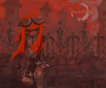 1girl armor blunt_bangs blunt_ends castle expressionless eyerealm floating_hair gate goggles goggles_on_head highres inkling knee_up looking_at_viewer moon nintendo orange_eyes orange_hair orange_theme original pointy_ears shaded_face sidelocks sitting sleeves_past_wrists solo splatoon_(series) tentacle_hair