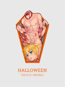 1boy 2016 absurdres ahoge amputation amputee barefoot belly bleeding blonde_hair blood blood_on_body blue_eyes collar commission completely_nude corpse death decapitated_head decapitation disembodied_arm disembodied_head disembodied_leg empty_eyes ero_guro guro halloween highres intestines kagamine_len male_focus muscular muscular_child muscular_male navel nude open_mouth penis pixiv_commission severed_head shota sinc snuff solo testicles vocaloid yaoi