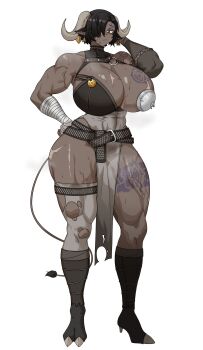 1girl abs absurdres amx1375 animal_ears asymmetrical_legwear black_hair breast_tattoo breasts bursting_breasts covered_abs cow_ears cow_girl cow_tail dark-skinned_female dark_skin earrings facial_tattoo full_body gigantic_breasts hair_over_one_eye highres hooves horns impossible_clothes jewelry leg_tattoo looking_at_viewer monster_girl muscular muscular_arms muscular_female muscular_legs original pelvic_curtain scar scar_on_breasts scar_on_face scar_on_leg scar_on_thigh short_hair simple_background solo standing sweat tail tattoo thick_thighs thighs veins veiny_arms veiny_legs white_background