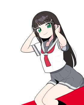 1girl absurdres black_hair blunt_bangs green_eyes hair_ornament hairclip highres jorang_(jorang08) korean_text kurosawa_dia long_hair looking_at_viewer love_live! love_live!_sunshine!! necktie no_mole pleated_skirt school_uniform serafuku short_sleeves sitting skirt smile socks solo tie_clip