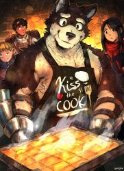 Rule 34 | 1girl, 3boys, animal ears, apron, artist name, bara, black apron, black eyes, black hair, blonde hair, blue cape, blue eyes, brown eyes, brown hair, cape, capelet, carrying bag, commentary, dog boy, dog ears, dungeon meshi, english commentary, furry, furry male, green eyes, highres, kabru, kiss the cook, kobold, kuro (dungeon meshi), looking at food, luck like, mickbell tomas, multiple boys, muscular, muscular male, pectorals, red capelet, rin (dungeon meshi), smile, steam, sweat, very sweaty