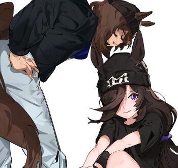 2girls alternate_costume animal_ears baggy_pants beanie black_hat black_jacket black_shirt blue_pants blue_shirt brown_hair casual closed_mouth commentary crop_top denim ears_through_headwear english_commentary feet_out_of_frame hair_ornament hair_over_one_eye hair_over_shoulder hair_scrunchie hand_on_own_hip hat highres horse_ears horse_girl horse_tail jacket jeans knees_up leaning_forward light_blush long_hair looking_at_viewer low-tied_long_hair midriff_peek multiple_girls nakayama_festa_(umamusume) nervous nervous_smile open_clothes open_jacket pants parted_lips pdvl purple_eyes purple_scrunchie raised_inner_eyebrows rice_shower_(umamusume) scrunchie shaded_face shirt short_sleeves simple_background sitting smile t-shirt tail umamusume upper_body very_long_hair wavy_hair white_background wristband