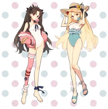 2girls adjusting_clothes adjusting_headwear ankle_ribbon armpits barefoot blonde_hair blue_ribbon blush brown_hair chewing_gum commentary_request covered_navel detached_leggings earrings ereshkigal_(fate) fate/grand_order fate_(series) flower frilled_one-piece_swimsuit frilled_thigh_strap frills full_body fur-trimmed_legwear fur_trim halterneck hands_in_pockets hat hat_flower hoop_earrings ishtar_(fate) ishtar_(swimsuit_rider)_(fate) jacket jewelry kabutomushi_s leg_ribbon leggings long_hair looking_at_viewer multiple_girls off_shoulder one-piece_swimsuit open_clothes open_jacket parted_bangs pink_jacket pink_leggings polka_dot polka_dot_background red_eyes ribbon sandals single_detached_legging ereshkigal_(swimsuit_beast)_(fate) strapless strapless_one-piece_swimsuit sun_hat swimsuit thigh_strap tiara two-tone_one-piece_swimsuit two_side_up very_long_hair white_fur white_one-piece_swimsuit