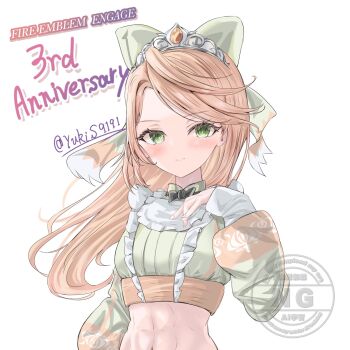 1girl abs anniversary black_bow black_bowtie bow bowtie breasts crop_top etie_(fire_emblem) fire_emblem fire_emblem_engage gem green_bow green_eyes green_shirt green_skirt hair_bow highres long_hair looking_at_viewer navel nintendo orange_gem orange_hair shirt skirt small_breasts solo stomach swept_bangs tiara yuki_s9191