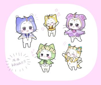 Rule 34 | ^ ^, ahoge, animal, animal focus, antennae, arms up, bee costume, border, bow, bowtie, brooch, brown shirt, cape, cat, circlet, cloak, closed eyes, clothed animal, ear covers, floppy ears, flower, flower brooch, frilled hood, frills, green bow, green bowtie, green cloak, hat, hat flower, hat ornament, head wreath, highres, hood, hood up, hooded cloak, infinity nikki, jewelry, light blush, momo (nikki), motion lines, multiple persona, navel, neneko (nnk suimin), nikki (series), no humans, official alternate costume, open mouth, origami, paper crane, pink clouds, pink flower, pink rose, pom pom (clothes), purple border, purple bow, purple bowtie, purple cloak, purple eyes, rose, shirt, smile, standing, striped clothes, striped shirt, two-tone shirt, vertical-striped clothes, whiskers, white background, white bow, white cat, white cloak, yellow bow, yellow bowtie, yellow cape, yellow flower, yellow hood, yellow shirt