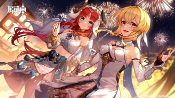 2girls aqua_eyes ayiiiyiii black_gloves blonde_hair blue_gemstone blush breasts closed_mouth crop_top detached_sleeves dress fake_horns fingerless_gloves fireworks flower gem genshin_impact gloves hair_ornament harem_outfit highres holding holding_flower horns jewelry long_hair looking_at_viewer lumine_(genshin_impact) medium_breasts midriff multiple_girls navel nilou_(genshin_impact) open_mouth red_hair smile veil white_dress white_sleeves white_veil yellow_eyes