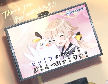 1girl :d black_sailor_collar blue_archive blush blush_stickers brown_hair commentary dutch_angle english_text facing_viewer halo hifumi_(blue_archive) highres holding holding_stuffed_toy holy-san_(makuu) indoors karaoke long_hair low_twintails open_mouth peroro_(blue_archive) pink_background sailor_collar school_uniform serafuku simple_background smile solo stuffed_animal stuffed_bird stuffed_toy teeth translated twintails upper_body upper_teeth_only winged_halo yellow_halo