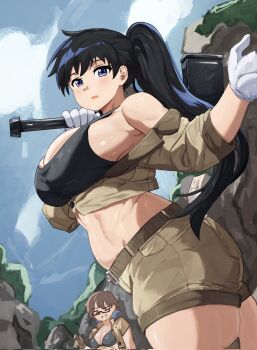 2girls akihitoevon arato_nagi black_hair black_sports_bra blue_eyes breasts brown_jacket brown_shorts commentary cropped_jacket english_commentary gloves hammer highres holding holding_hammer imari_youko jacket large_breasts long_hair looking_at_viewer multiple_girls outdoors ponytail ruri_no_houseki shorts sports_bra thighs white_gloves