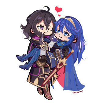 Rule 34 | :3, ahoge, black hair, blue eyes, blue hair, blush, brand of the exalt, cape, carrying, chibi, circlet, commentary, commission, english commentary, falchion (fire emblem), female morgan (fire emblem), fire emblem, fire emblem awakening, heart, highres, hooded robe, long hair, lucina (fire emblem), nintendo, one eye closed, princess carry, purple eyes, robe, short hair, signature, smile, tiara, two-tone cape, yancadoodles, yuri