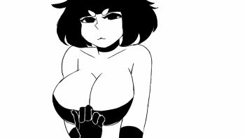 1girl :3 animated animated_gif black_eyes black_hair breasts cleavage emmpyfour jiggle large_breasts nine_(emmpyfour) original presenting short_hair top_pull