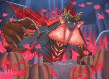 bifurcated_jaw cliff commentary dragon english_commentary gaismagorm glowing halloween highres horns jack-o&#039;-lantern looking_at_viewer monster_hunter_(series) monster_hunter_rise qurio_(monster_hunter) red_eyes red_light swugory21