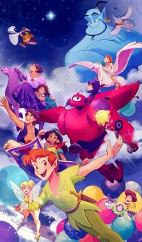 5girls 6+boys aladdin_(disney) aladdin_(movie) ancient_greek_clothes balloon baymax big_hero_6 black_hair blonde_hair blowing_kiss blue_eyes brown_eyes brown_hair buzz_lightyear cloud company_connection cowboy_hat crossed_arms curly_hair dark-skinned_female dark-skinned_male dark_skin disney donkey dress dumbo dumbo_(character) elephant encanto eve_(wall-e) fairy fairy_wings flying_animal genie genie_(aladdin) greco-roman_clothes green_dress green_footwear green_tunic hair_bun hat hercules_(1997_movie) hercules_(disney) highres hiro_hamada holding jasmine_(disney) long_hair long_sleeves looking_at_viewer luisa_madrigal magic_carpet melchencanto mini_person mirabel_madrigal multiple_boys multiple_girls muscular muscular_female open_mouth orange_hair outstretched_arms pegasus pegasus_(disney) pegasus_wings pointy_ears robot sheriff_woody shirt short_hair single_hair_bun smile spread_arms star_(sky) star_(wish_(disney)) teeth tinker_bell_(disney) toy_story tunic unicorn_horn upper_teeth_only wall-e wall-e_(character) walt_disney&#039;s_peter_pan wings