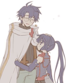 Rule 34 | 10s, 1boy, 1girl, akatsuki (log horizon), armor, blue eyes, blue hair, cape, closed eyes, glasses, grabbing, hand on another's head, headpat, log horizon, long hair, messy hair, nitsu makura, pauldrons, ponytail, shiroe (log horizon), short hair, shoulder armor, smile, sweater