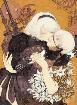 1boy 1girl 2b_(nier:automata) 9s_(nier:automata) black_dress black_gloves black_hairband blindfold blue_eyes clothing_cutout dress flower gloves hagushka hairband hetero highres hug long_sleeves nier:automata nier_(series) no_blindfold red_eyes sad short_hair smile sword virtuous_contract weapon white_flower white_hair