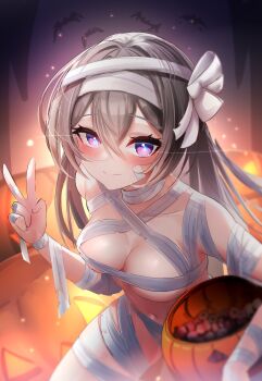 1girl absurdres bandages basket blue_pupils breasts cleavage commentary english_commentary firefly_(honkai:_star_rail) gi_end grey_hair hair_between_eyes hair_intakes hair_ribbon hairband halloween_bucket highres holding holding_basket honkai:_star_rail honkai_(series) jack-o'-lantern large_breasts long_hair multicolored_eyes mummy_costume ribbon solo v white_hairband white_ribbon