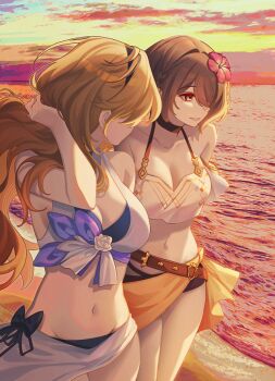 2girls beach bikini black_choker black_hairband blonde_hair breasts brown_eyes brown_hair choker commentary durandal_(honkai_impact) english_commentary flower hair_flower hair_ornament hair_over_one_eye hairband halterneck hibiscus honkai_(series) honkai_impact_3rd long_hair mole mole_under_eye multiple_girls ocean orange_sarong pink_flower revision rita_rossweisse sarong short_hair sunset swimsuit tana_(tanabio) water white_bikini white_sarong