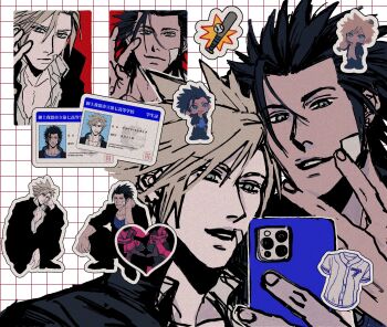 Rule 34 | 2boys, ball, bandaid, bandaid on cheek, bandaid on face, baseball (object), baseball bat, baseball jersey, black hair, black jacket, black pantyhose, black shoes, blonde hair, blue eyes, blue shirt, breasts, cellphone, chibi, chibi inset, closed mouth, cloud strife, cloud strife (midgard seventh high school), collared shirt, commentary request, final fantasy, final fantasy vii, final fantasy vii: ever crisis, full body, furrowed brow, gakuran, grid background, hair between eyes, hand in own hair, highres, holding, holding baseball bat, holding phone, ht8207, id card, jacket, jersey, male focus, multiple boys, official alternate costume, open mouth, pantyhose, parted lips, phone, school uniform, shirt, shoes, sideboob, smartphone, smile, spiked hair, squatting, upper body, v, white shirt, zack fair, zack fair (midgard seventh high school)