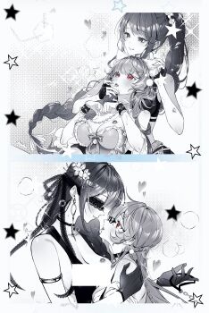 2girls alternate_costume animal_ears armlet artist_self-insert bare_shoulders belt bite_mark blindfold blunt_bangs blush braid breasts censored chain chained chinese_commentary choker cleavage_cutout closed_mouth clothing_cutout collarbone commission commissioner_insert couple crop_top crying crying_with_eyes_open dress fake_animal_ears fingerless_gloves from_above genshin_impact glasses gloves hair_between_eyes hair_ornament hair_over_shoulder hair_ribbon head_tilt high_ponytail highres implied_sex implied_yuri incoming_kiss jewelry large_breasts leaning leaning_back leaning_forward leaning_on_person light_smile lipstick_mark long_braid long_hair looking_at_another looking_down looking_up lying_on_person mole mole_under_eye monochrome mosaic_censoring multiple_girls oc_x_canon off_shoulder open_mouth original partially_colored ponytail raiden_shogun red_eyes ribbon saliva saliva_trail sideboob single_braid sleeveless standing sweat tears tongue tongue_out wavy_hair yilinglaozu121 yuri