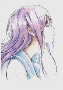 1girl absurdres bbmasa blue_sailor_collar commentary from_side gradient_background grey_background hibike!_euphonium highres kitauji_high_school_uniform liz_to_aoi_tori long_hair purple_hair red_eyes sailor_collar school_uniform shirt solo traditional_media upper_body white_shirt yoroizuka_mizore