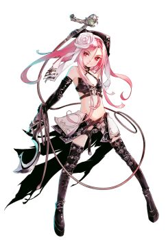 1girl bare_shoulders boots commentary_request crop_top dagger dual_wielding elbow_gloves flat_chest full_body gloves highres holding holding_dagger holding_knife holding_weapon holding_whip knife long_hair navel original pink_hair red_eyes smile solo sumi_keiichi thigh_boots transparent_background weapon