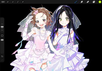 2girls black_hair braid braided_bangs bridal_veil brown_eyes brown_hair child dress elbow_gloves flower gloves hair_flower hair_ornament highres jewelry kamisaki_hikaru long_glove medalist_(manga) multiple_girls necklace pansy08099101 pearl_necklace pink_dress rose short_hair smile thighhighs user_interface veil wedding_dress white_flower white_rose yellow_eyes yuitsuka_inori zettai_ryouiki