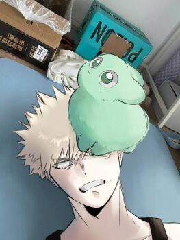 _gong91 awkward bakugou_katsuki blonde_hair boku_no_hero_academia bones_(company) freckles green_eyes green_fur highres long_ears lying midoriya_izuku parody petite photo_(medium) rabbit rabbit_ears rabbit_tail shirt shounen_jump sleeveless sleeveless_shirt spiked_hair tail teeth