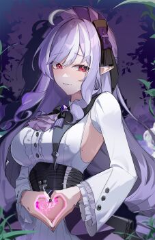 1girl ahoge ascot black_nails blush bow bowtie breast_curtains breasts center_frills commentary drill_hair drill_sidelocks english_commentary frills gem grass hairband heart heart_hands highres large_breasts long_hair looking_at_viewer mole mole_on_armpit mole_under_eye parted_lips pointy_ears purple_ascot purple_background purple_bow purple_bowtie purple_gemstone purple_hair purple_hairband r_bareung red_eyes shrug_(clothing) sideboob_cutout sidelocks solo upper_body vivian_banshee white_shrug zenless_zone_zero