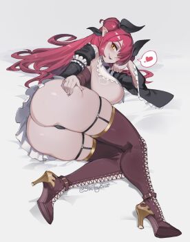 1girl ass black_panties blush boots breasts breasts_out brown_boots corset detached_sleeves frilled_skirt frilled_sleeves frills hair_over_one_eye hair_ribbon heart high_heels highres huge_breasts lace-up_boots long_hair looking_at_viewer lying mole mole_under_eye on_side original panties pinching pointy_ears red_hair ribbon sin_(sintrybest) skirt smile solo spoken_heart strap thigh_boots twintails twitter_username underwear yellow_eyes