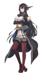 Rule 34 | 1girl, absurdres, black coat, black gloves, black hair, boots, breasts, closed mouth, coat, elbow gloves, full body, gloves, hair between eyes, headgear, highres, kantai collection, kasumi (skchkko), large breasts, long coat, long hair, looking at viewer, midriff, nagato (kancolle), nagato kai ni (kancolle), open clothes, open coat, partially fingerless gloves, pleated skirt, red eyes, red thighhighs, rudder footwear, simple background, skirt, smile, solo, standing, thigh boots, thighhighs, white background, white skirt, zettai ryouiki